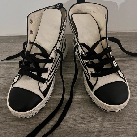 Chanel Fabric High Top Sneakers Sz 37 Authentic - Picture 2 of 9